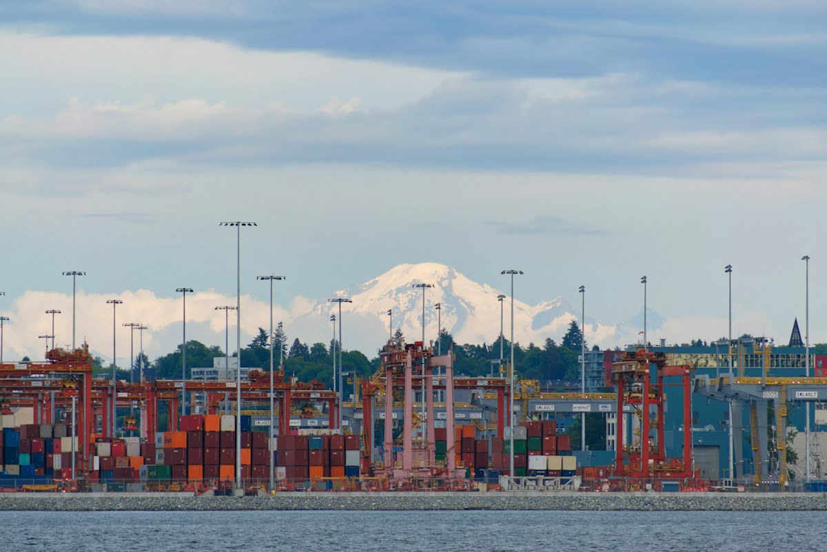 Vancouver port with Mount Baker in the background